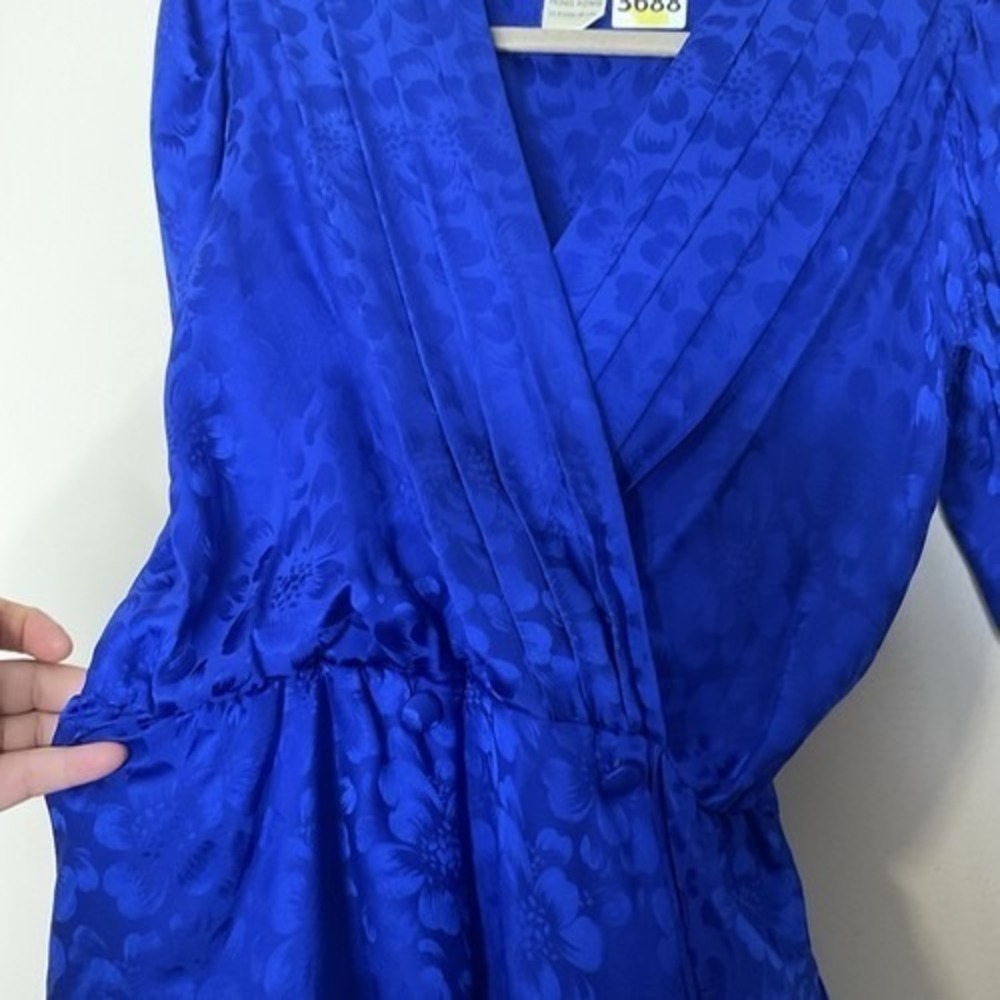 VTG 80s Blue Jacquard Sateen Peplum Waist Midi Dress Women 7/8 Hong Kong - Picture 3 of 7